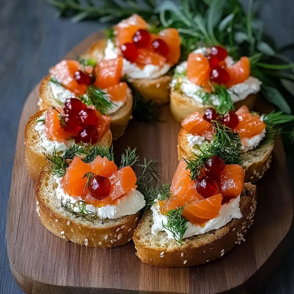Weihnachtlicher Bruschetta-Kranz mit geräuchertem Lachs