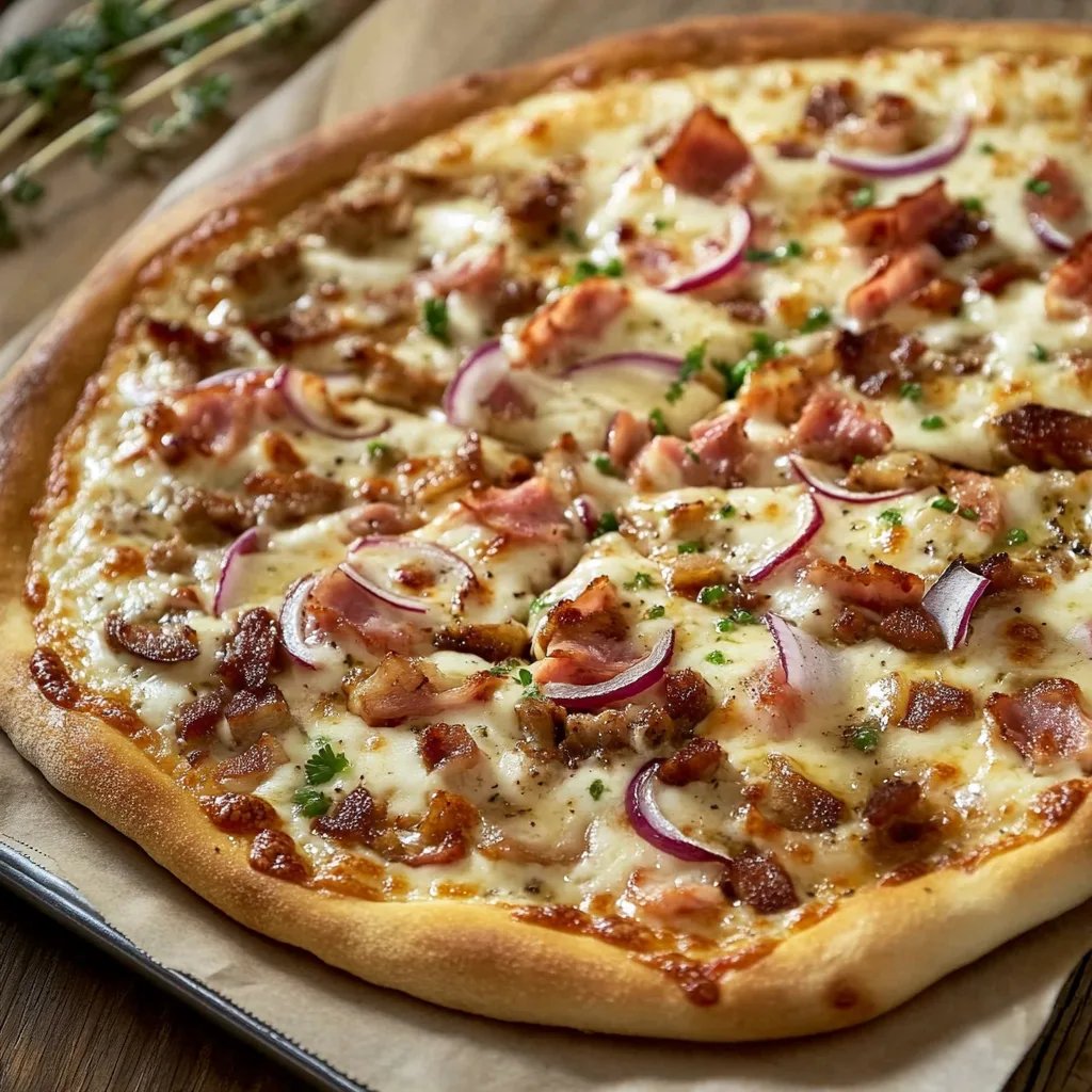 Elsässer Flammkuchen mit Rinderbauch und Zwiebeln